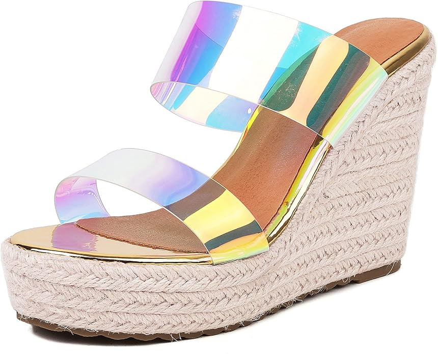 Women Slip On Clear Straps Espadrille Wedge Heel Sandals Slide Peep Toe Mule Platform Sandals | Amazon (US)