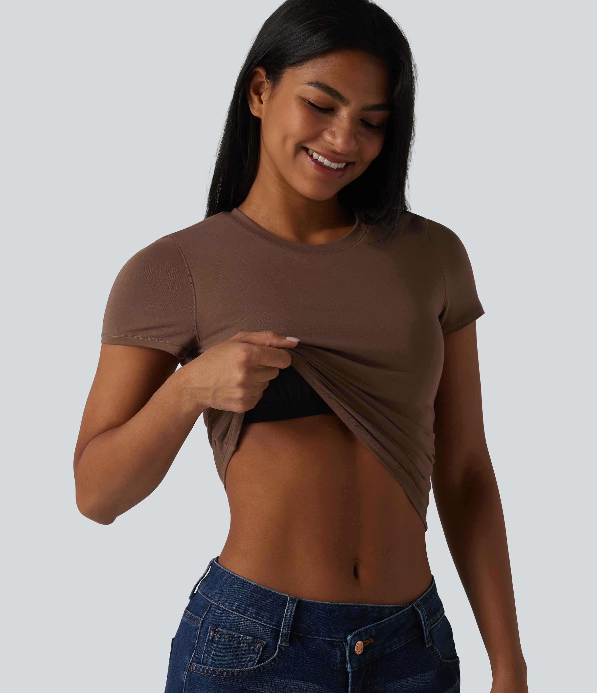 Halara Halara Cotton Jersey Round Neck Short Sleeve Ruched Built-in Bra Casual T-Shirt  - Pinecone - L | HALARA