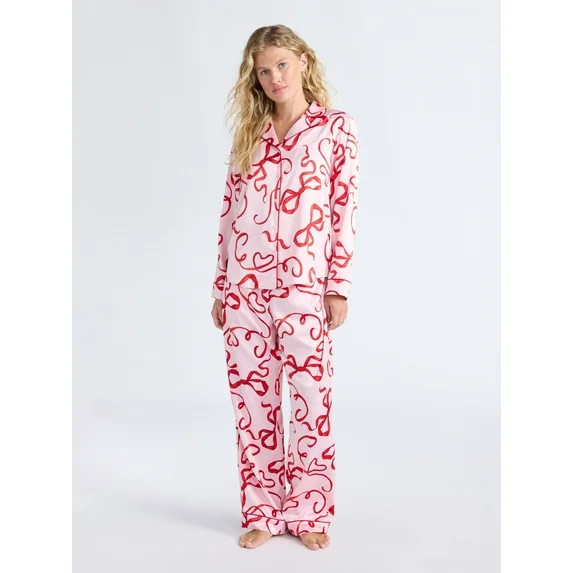 Joyspun Women’s Stretch Satin Notch Long Sleeve Top and Pants Pajama Set, 2-Piece, Sizes XS-3X | Walmart (US)