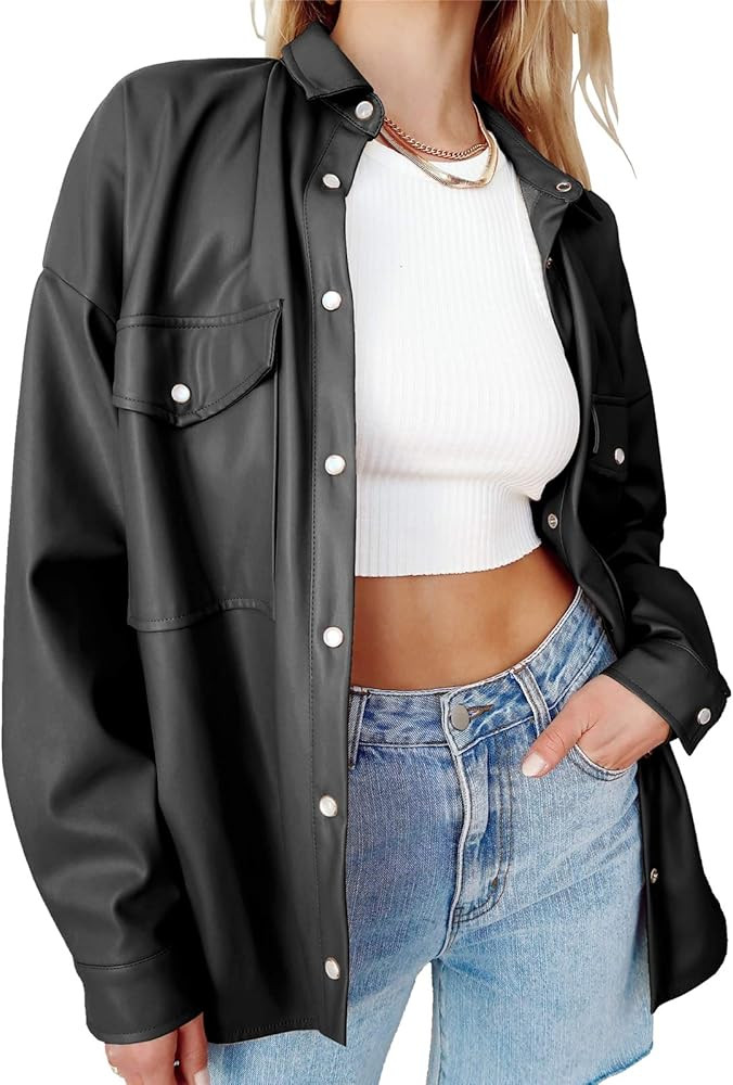 Womens Leather Shirt Jacket Lapel Button Down Pocket Solid Oversized Shacket Coat | Amazon (US)