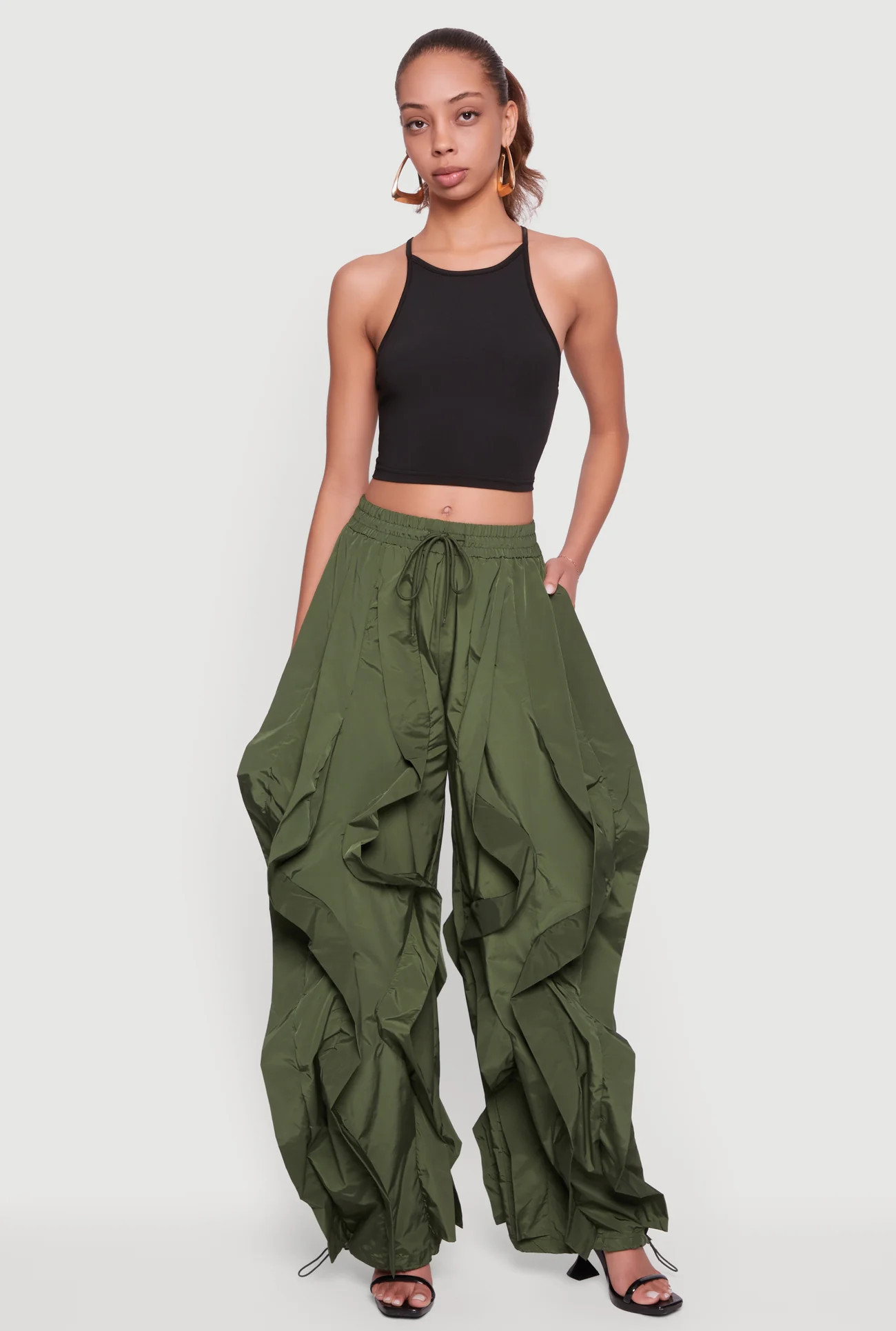 Drawstring Waist Ruffle Parachute Pants | Rainbow Shops