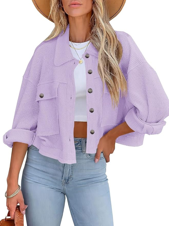 BZB Womens Waffle Knit Shacket Jackets Lightweight Cropped Shacket Long Sleeve Button Down Shirts | Amazon (US)