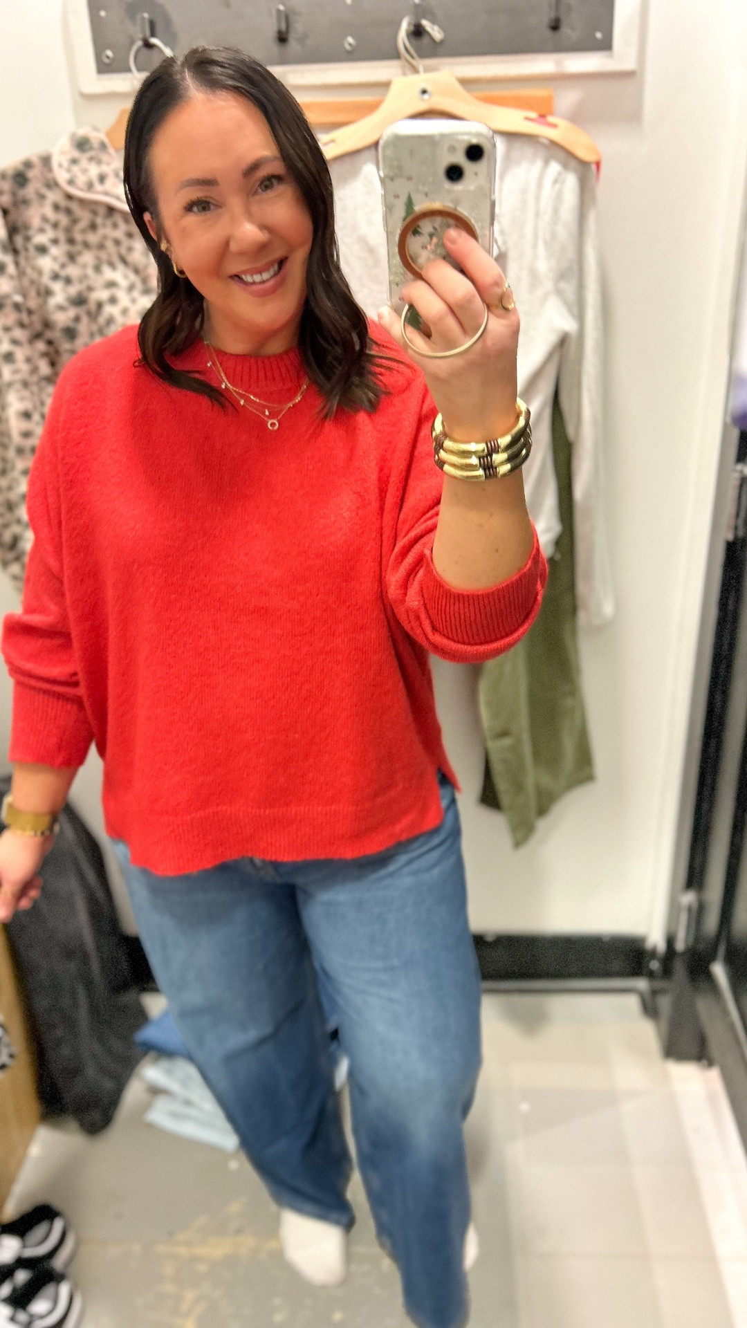 40% off sweaters @americaneagle! Love this red. Super soft too. Large is very oversized. Could go with a medium in this one.  Jeans are 30% off! Wearing a size 16 regular! 

#LTKOver40 #LTKFindsUnder50 #LTKSaleAlert