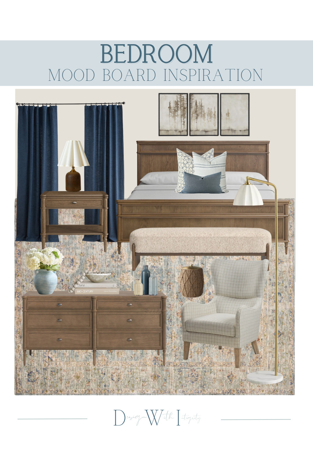 This bedroom mood board is a study in timeless contrast. Rich navy drapery anchors the space, while warm wood furniture brings in depth and character. Soft neutral bedding keeps the look balanced and inviting, layered with subtle pattern for added interest. The upholstered bench adds both function and softness, while a tailored accent chair creates the perfect quiet corner.

Sculptural lighting and classic accessories complete the space, giving it that polished yet relaxed feel that works in everyday living. Tap through to shop all selections and recreate this refined bedroom design in your own home.

#bedroominspiration #interiordesign #bedroomdecor #neutralbedroom #bluebedroom #cozyinteriors #homeinspo #bedroomdesign #ltkhome

bedroom mood board
blue and neutral bedroom
navy curtains bedroom
warm wood bedroom furniture
classic bedroom design
cozy bedroom decor
layered bedding
bedroom lighting ideas
interior design inspiration 

 #LTKHome