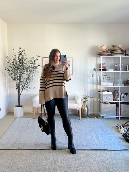 How to appear taller- where 4.74 inch platform boots! Use code ‘Brittany’ for 20% off!

Stripe turtleneck is a fall wardrobe staple- I am wearing a size medium.
Another fall staple are these Spanx faux leathering leggings, I style them over and over again! I have 2 full styling hauls over on YouTube where I show you 20+ outfits in each video of styling these faux leather leggings! I wear my usual size medium.

Fall outfit, fall fashion, fall style, cozy fall style, 

#LTKshoecrush #LTKSeasonal #LTKmidsize