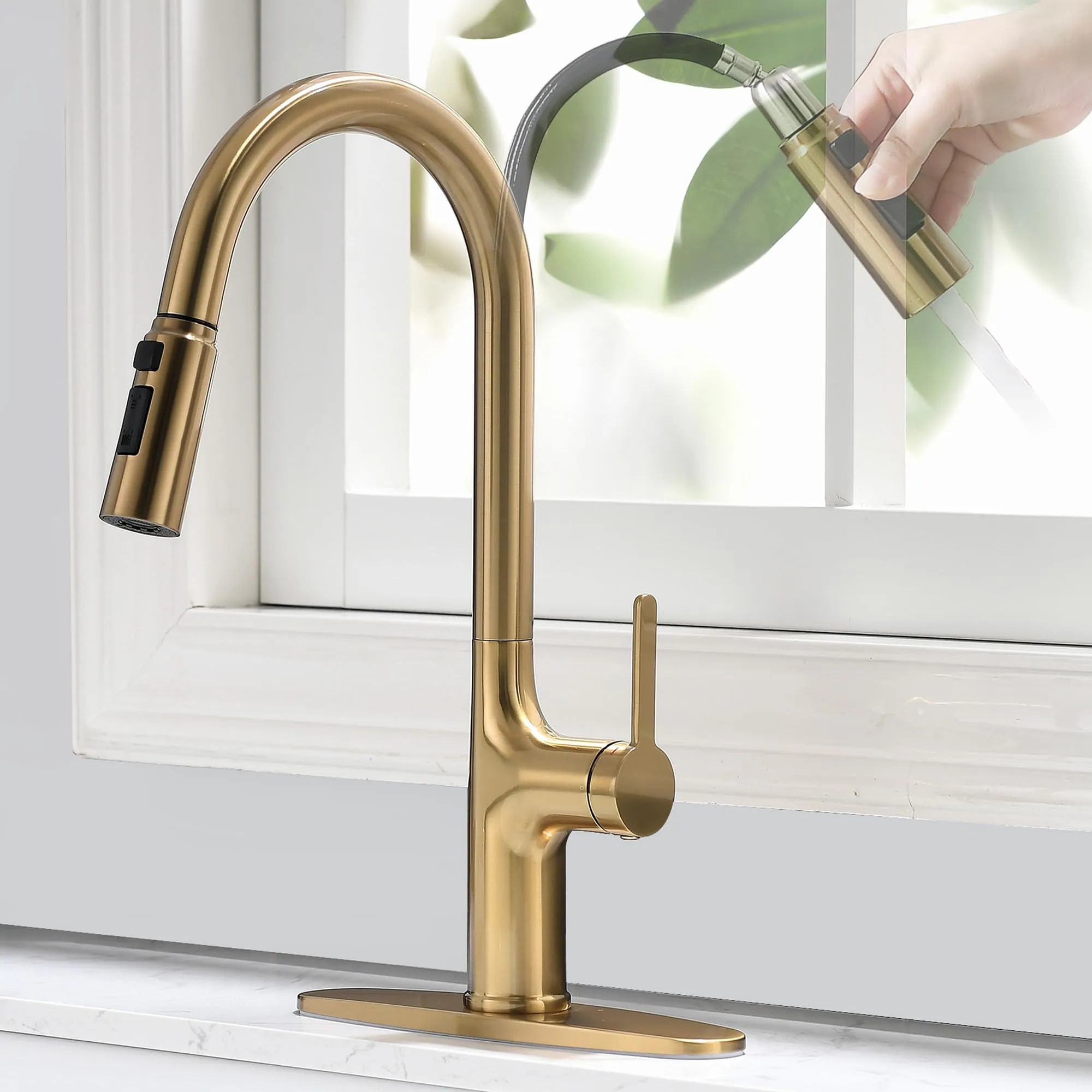 Justincity Brushed Gold Kitchen Faucet Single Handle Gold Kitchen Sink Faucet with Pull Down Sprayer Modern Stainless Steel Brass Gold Faucet | Lowe's