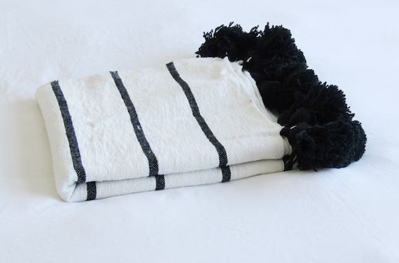 Natural with Black Strip & Tassel Moroccan Pom Pom Blanket, Cotton Tassel Blanket, Cotton Throw, ... | Etsy (US)