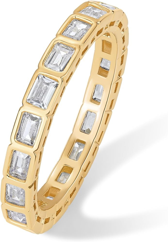 PAVOI 14K Gold Plated Emerald Cut Eternity Band Rings for Women - Emerald Cut Wedding Band for Br... | Amazon (US)