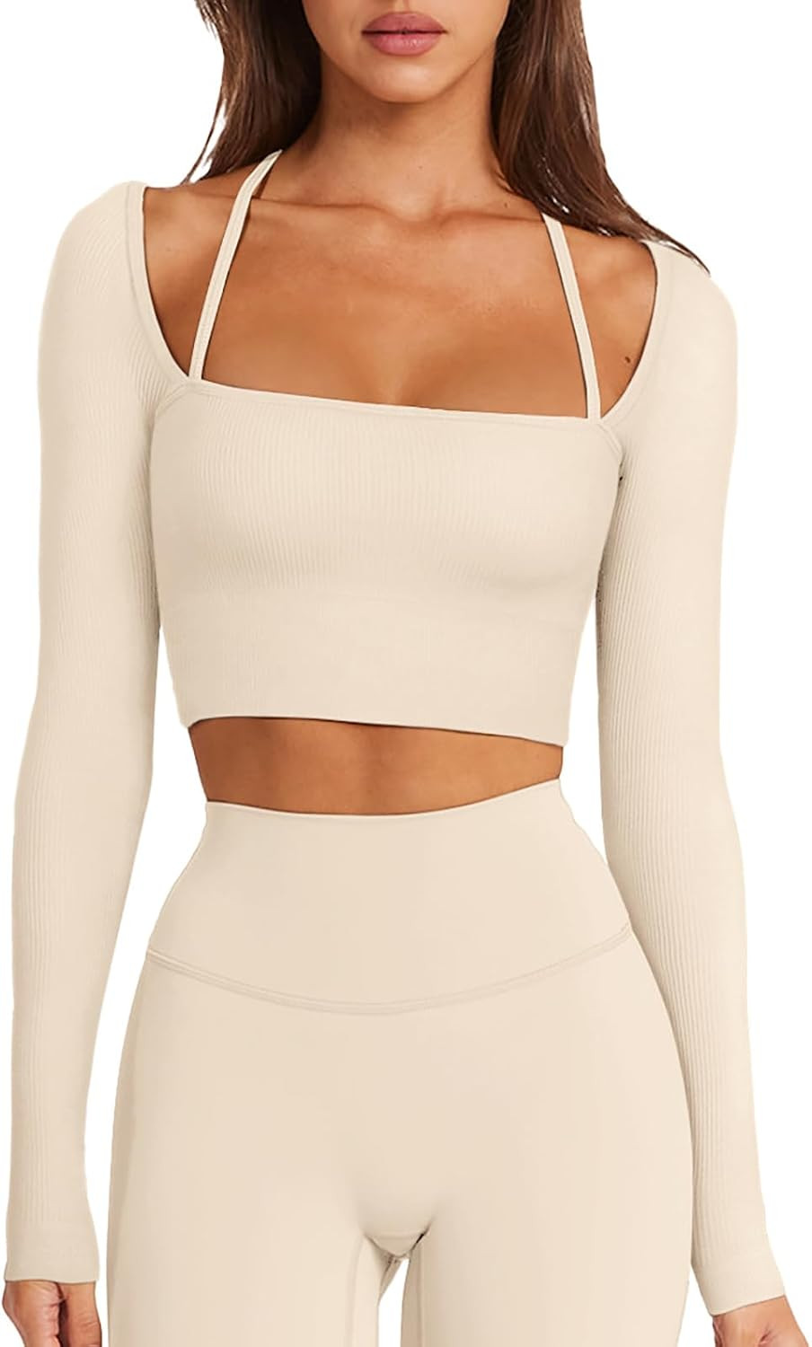LASLULU Womens Sexy Halter Neck Crop Top Seamless Long Sleeve Workout Tops | Amazon (US)