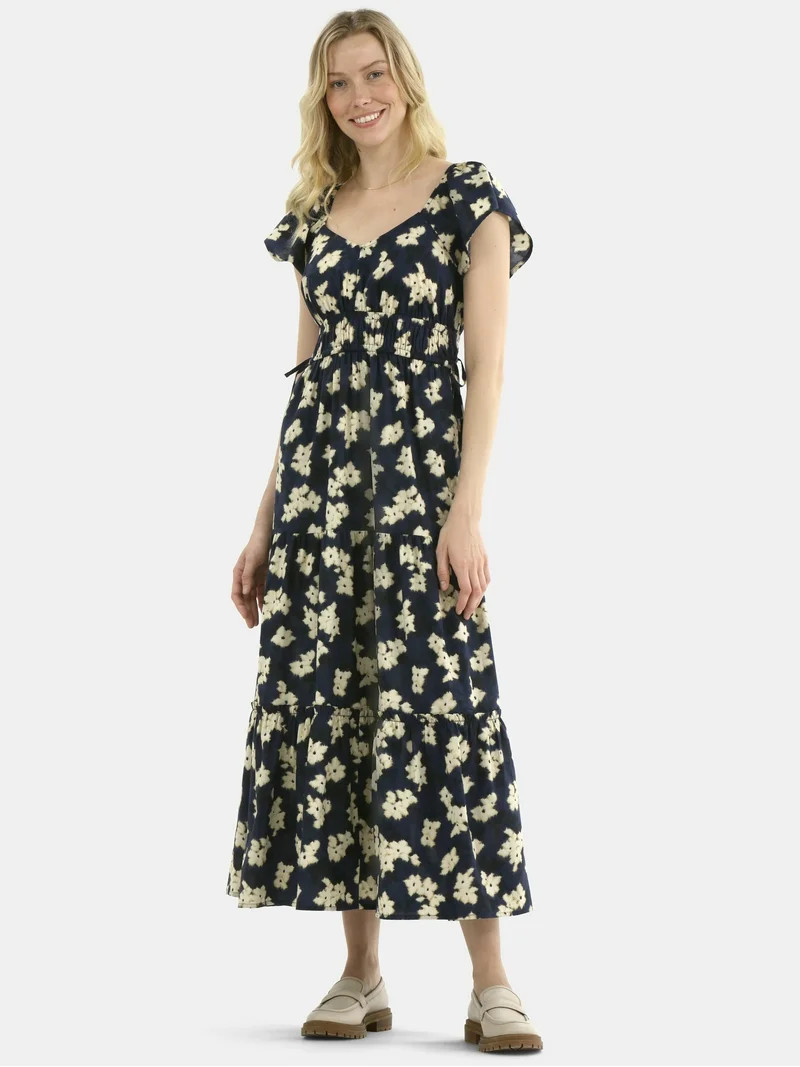 Time and Tru Women's Cotton Print Maxi Dress with Flutter Sleeves, Sizes XS-XXXL | Walmart (US)