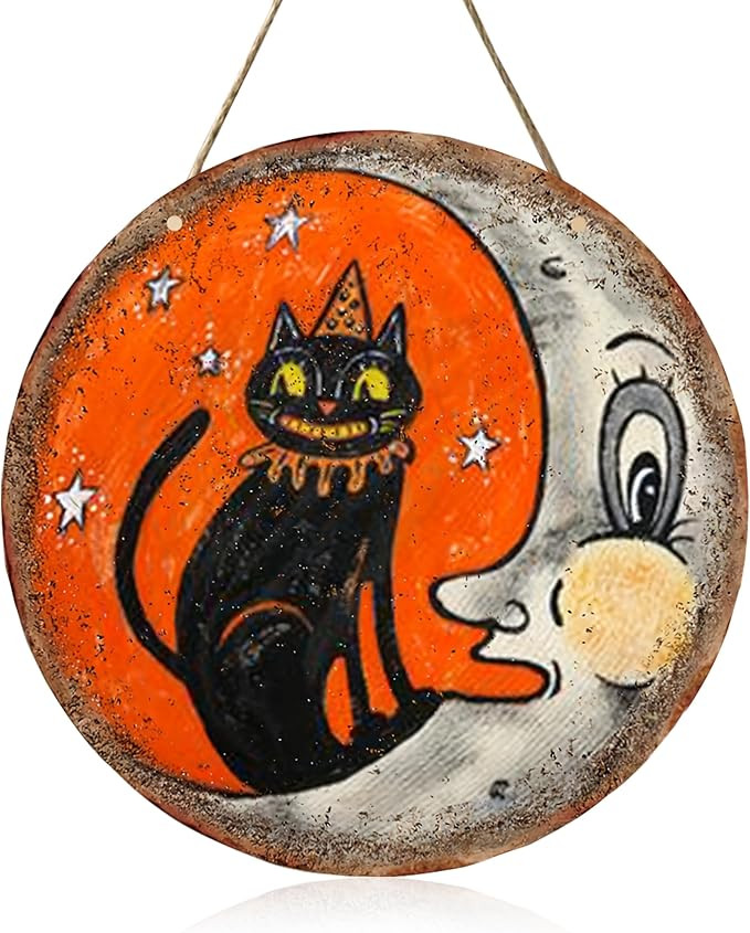 Halloween Cat Decor, Vintage Gothic Black Cat Moon Wall Hanging Decoration, Wooden Welcome Sign f... | Amazon (US)