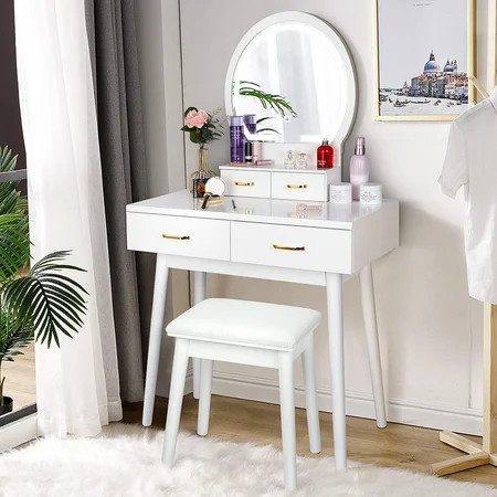 RichYa Vanity Desk with Lighted Mirror Adjustable Brightness Soft Cushioned Stool 4 Drawers White | Walmart (US)