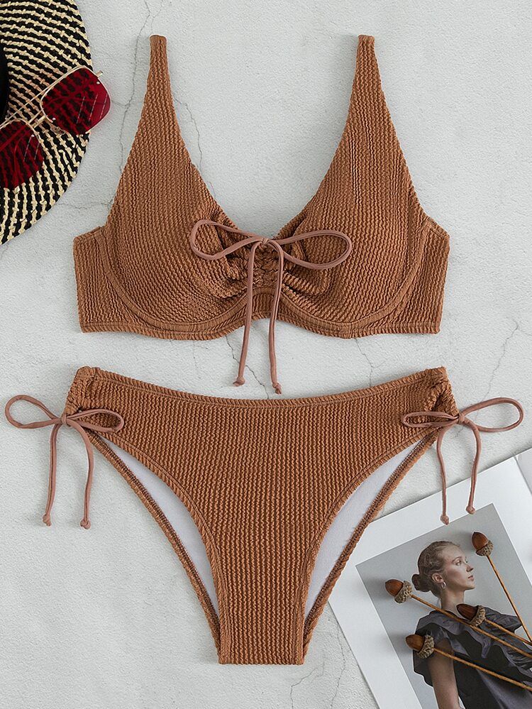 Textured Drawstring Front Underwire Bikini Swimsuit | SHEIN