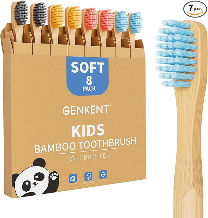 GENKENT 8 Counts Kids Bamboo Toothbrushes BPA Free Soft Bristles Travel Tooth Brush Natural Charc... | Amazon (US)