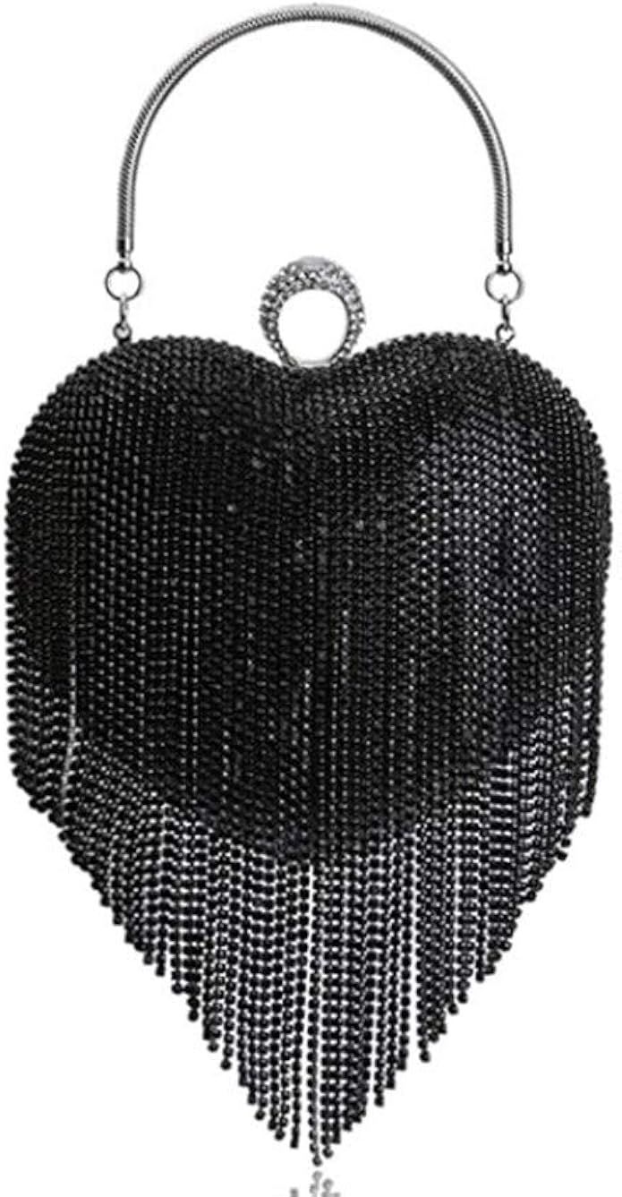 Women Luxury Cute Heart Shape Tassel Evening Clutch Bag Rhinestones Wedding Party Purse Handbag | Amazon (US)