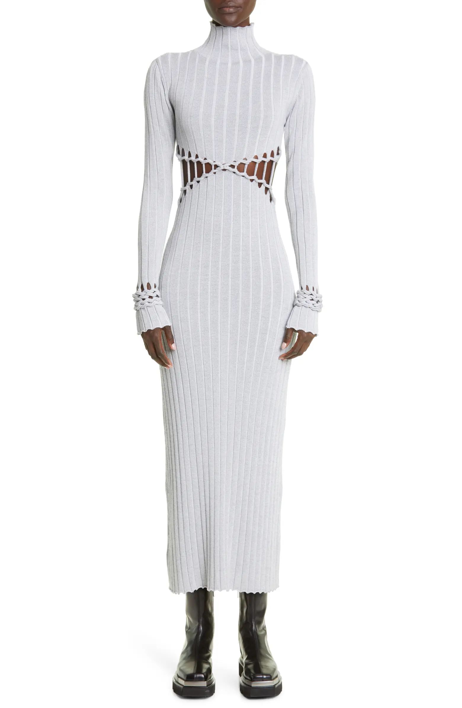 Light Reflective Braided Cuff Cutout Long Sleeve Sweater Dress | Nordstrom