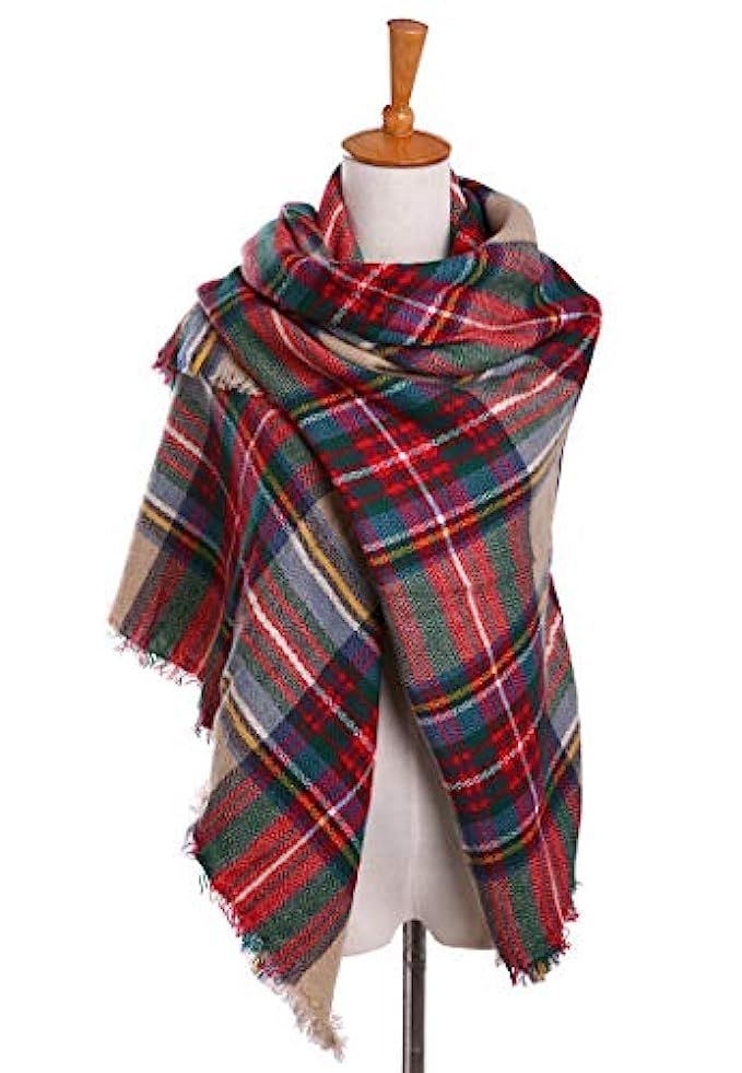 Bess Bridal Women's Plaid Blanket Winter Scarf Warm Cozy Tartan Wrap Oversized Shawl Cape | Amazon (US)