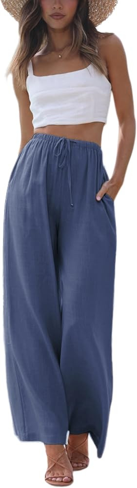 Faleave Women's Cotton Linen Summer Palazzo Pants Flowy Wide Leg Beach Trousers with Pockets | Amazon (US)