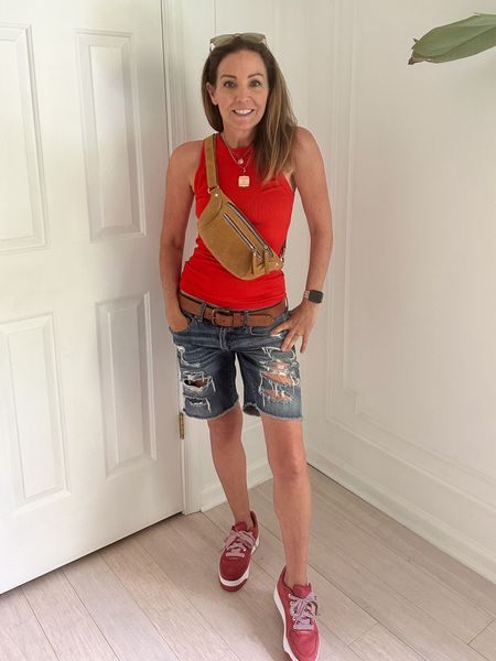 Same American Eagle always has the best tipped Bermuda Jean shorts and I love them with my new red sneakers and different red tank top for under $10. Shorts are on sale right now

#LTKsalealert #LTKover40 #LTKActive