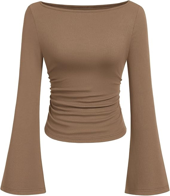 PRETTYGARDEN Long Sleeve Shirts Crop Boat Neck | Amazon (US)