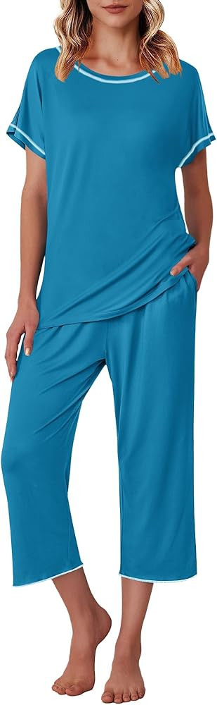 Ekouaer Women's Capri Pajama Sets Print Short Sleeve Sleepwear Top and Capri Pants Soft Loungewea... | Amazon (US)