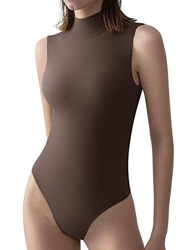 PUMIEY Sleeveless Bodysuit for Women Mock Turtle Neck Sexy Tank Tops Body Suits Women Clothing Chocolate Small | Amazon (US)