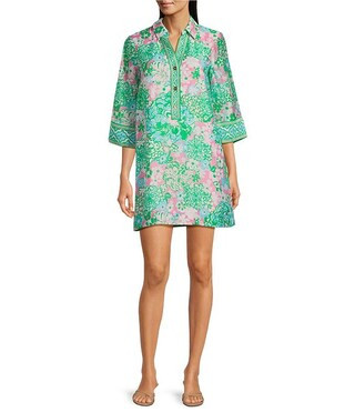 Lilly Pulitzer Daphnie Plumes In Bloom Linen Blend Print Collar Neck 3/4 Bell Sleeve Tunic Dress ... | Dillard's