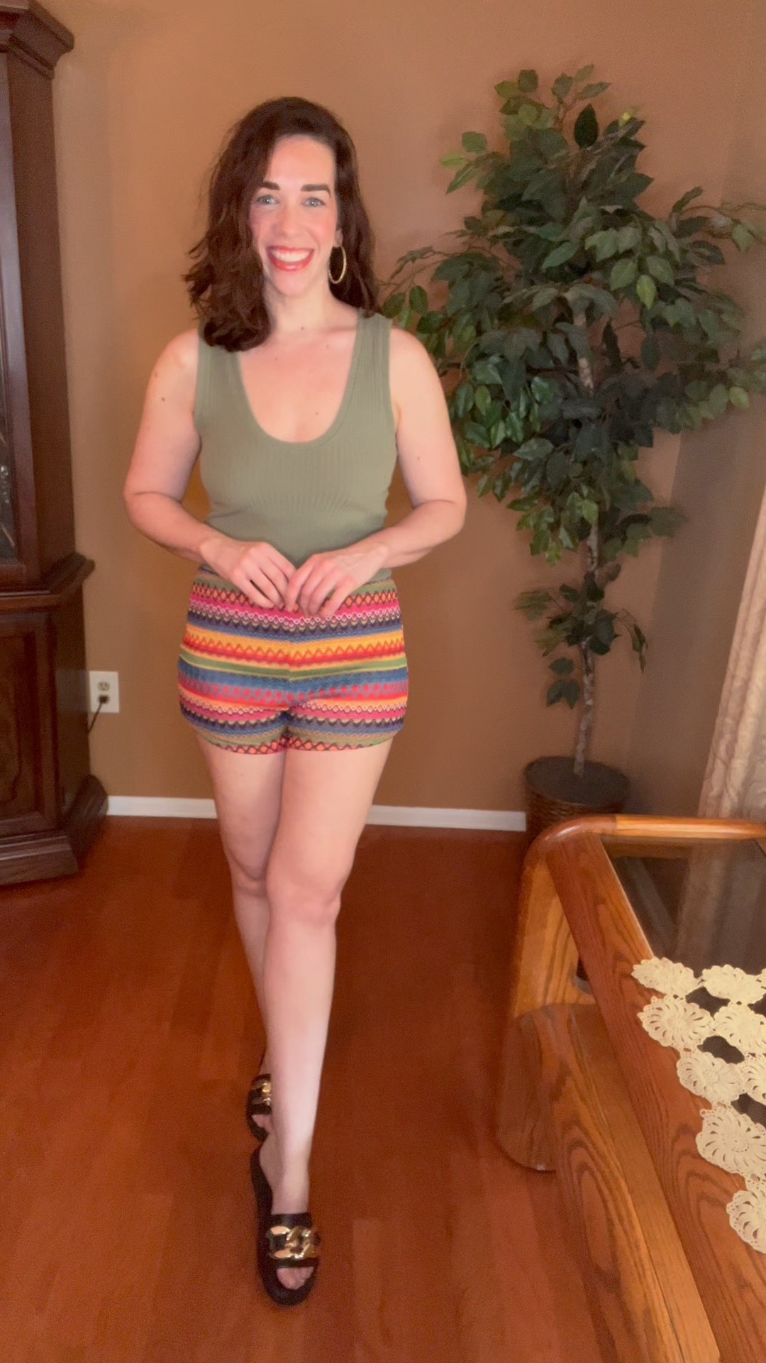 Green ribbed sleeveless tank (small). Knit striped colorful shorts (small). Black sandals with gold buckle (8.5). #tank #greentank #sleevelesstank #ribbedtank #colorfulshorts #shorts #stripedshorts #knitshorts #blacksandals #sandals #summeroutfit #casualoutfit Summer Outfit 

#LTKStyleTip #LTKFindsUnder100 #LTKShoeCrush