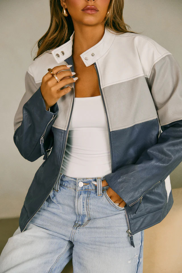 Miss Lola | Tyra Blue Multi PU Moto Jacket | MISS LOLA