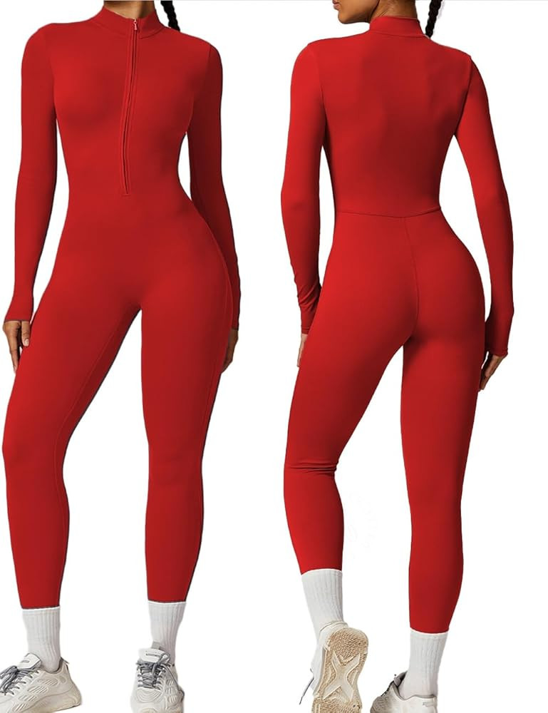 AEEZO Womens Long Sleeve Workout Jumpsuit Zip Up Yoga Rompers Sexy Tummy Control One Piece Bodyco... | Amazon (US)