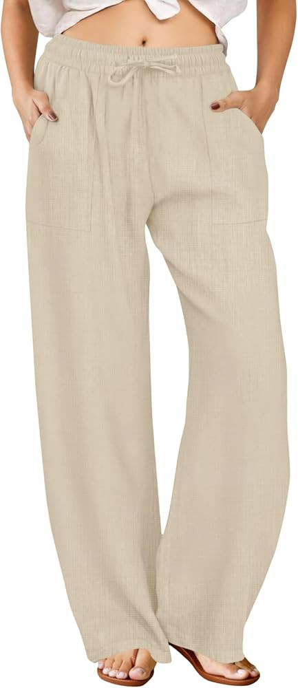 FireSwan Womens Palazzo Pants Casual Drawstring Flowy Pants Wide Leg Summer Beach Linen Trousers ... | Amazon (US)