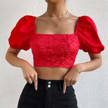 Jacquard Square Neck Puff Sleeve Crop Blouse | SHEIN