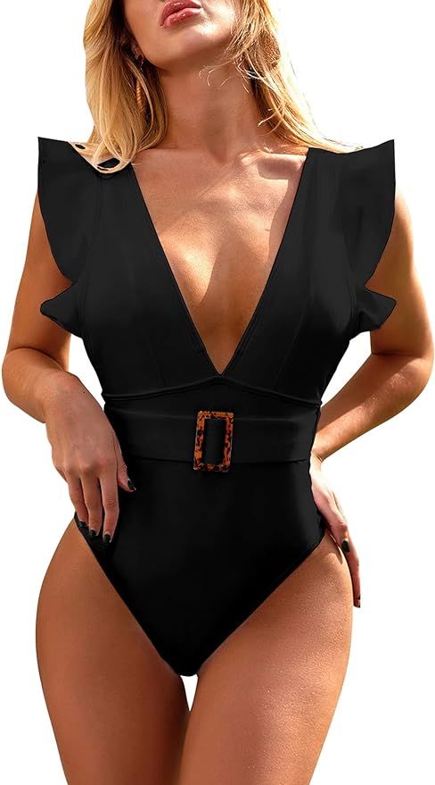 tengweng Women's One Piece Swimsuit Sexy Solid V-Neck Ruffle Bathing Suit Padded Monokini Backles... | Amazon (US)