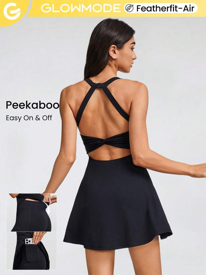 GLOWMODE FeatherFit™-Air Game Set A-Line Built-In Peekaboo Short Knotted Pocket Halter Dress Lo... | SHEIN