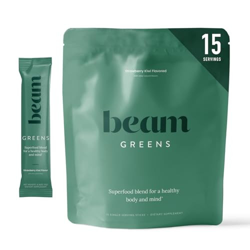 Beam Greens Powder, Superfood Supplement for Gut Health, Vegan Organic Blend with Ashwagandha, Vitamin C, B12, B6, D, Non-GMO Daily Detox & Immune Support, Strawberry Kiwi Flavor, 15 Servings | Amazon (US)