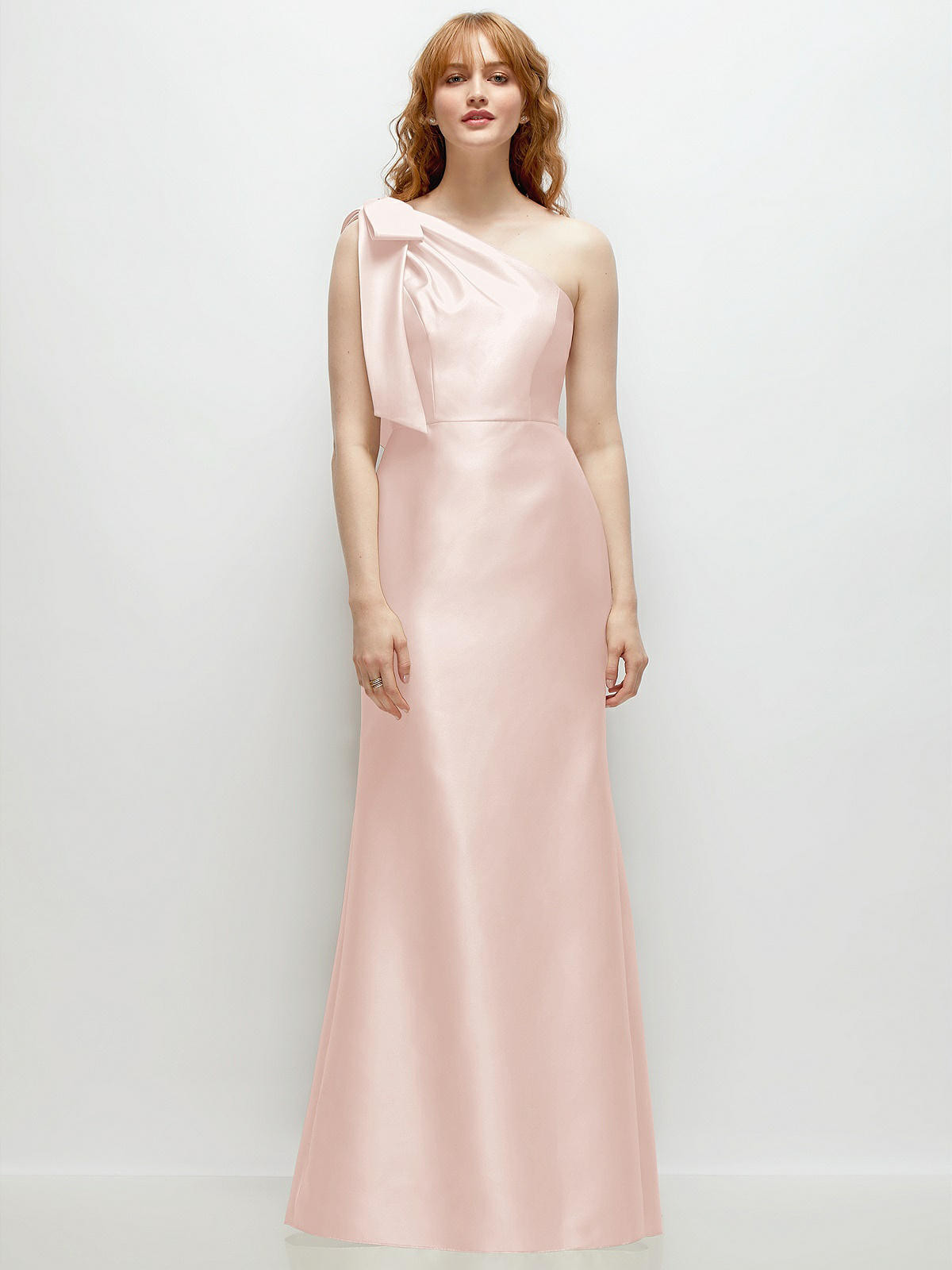 Bow One-Shoulder Satin Trumpet Gown in Blush | The Dessy Group