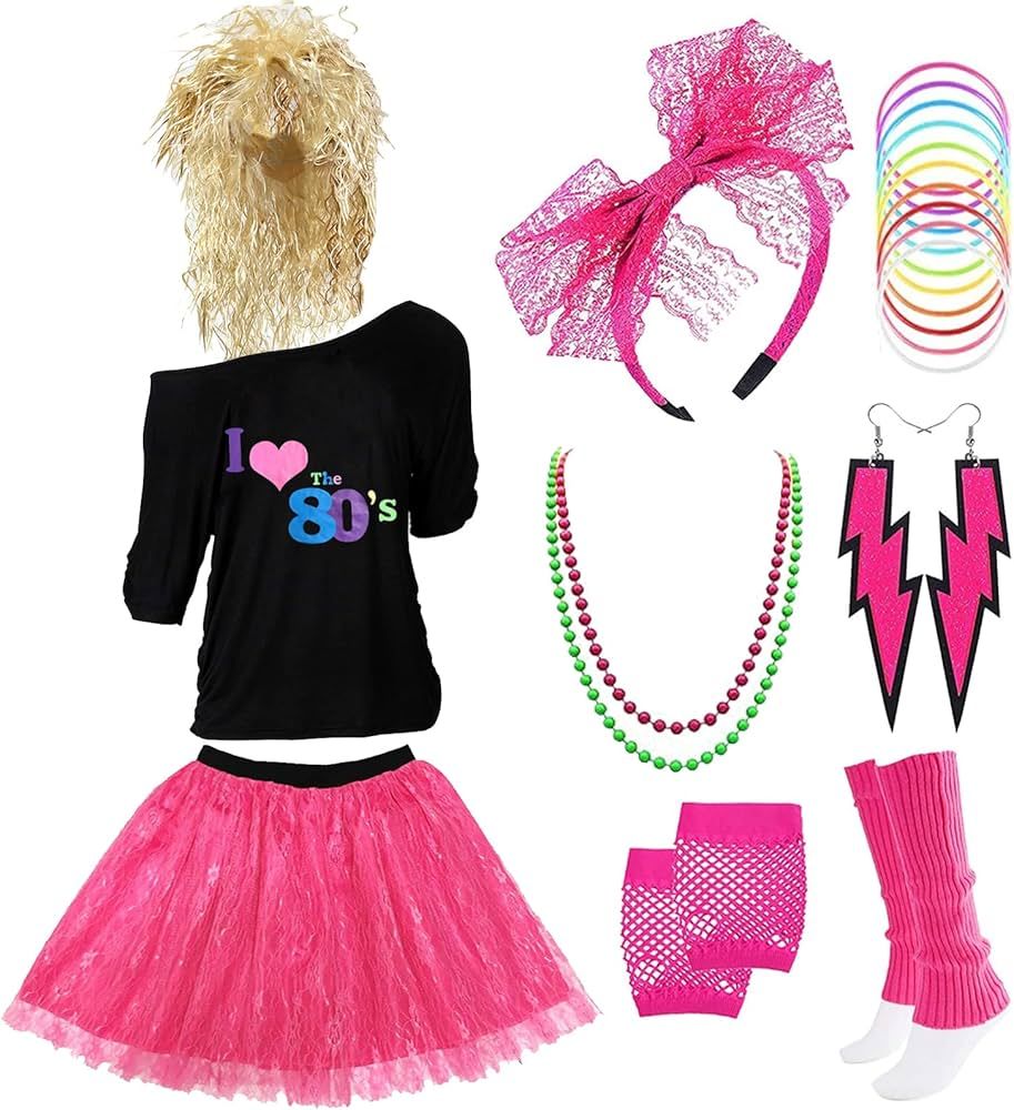 Z-Shop 80s Costumes Outfit Accessories for Women - 1980s Shirts Clothes,Leg Warmers,Rocker Wigs,M... | Amazon (US)