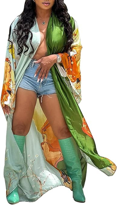 Famnbro Women's Floral Print Satin Robe Kimono Cardigan Open Front Long Cover Ups Outerwear One S... | Amazon (US)