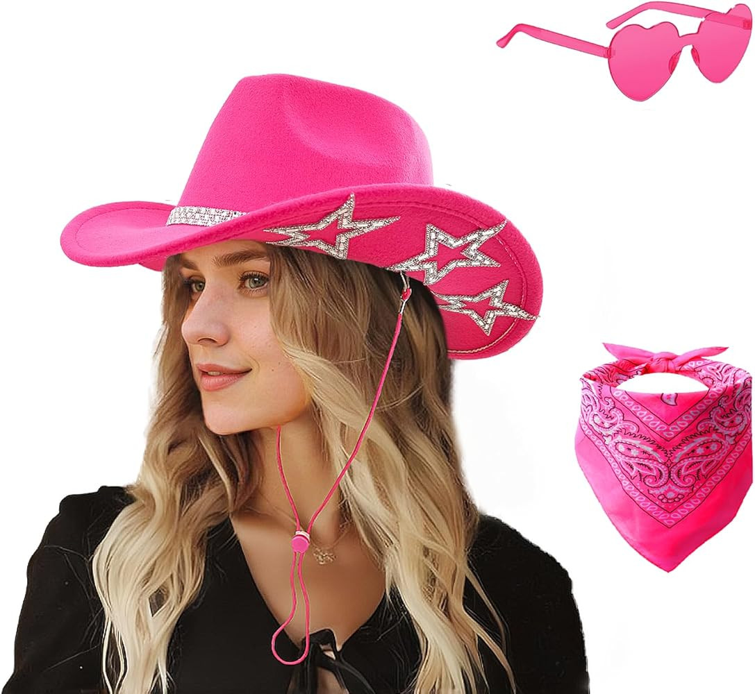SHENYI Cowgirl Hat and Bandana and Heart Sunglasses Glitter Rhinestone Star Cowboy Hat Western Sp... | Amazon (US)