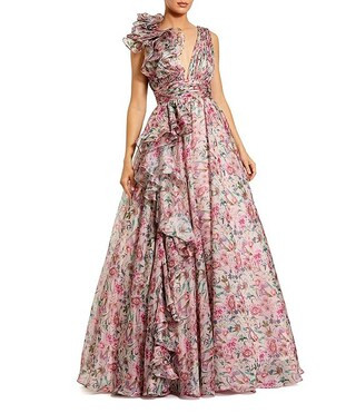 Chiffon Floral Print V Neck Sleeveless Ruffle A-Line Gown | Dillard's