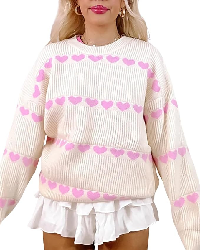 CORIRESHA Women's Valentine's Day Heart Pattern Crewneck Long Sleeve Casual Rib Knitted Pullover ... | Amazon (US)