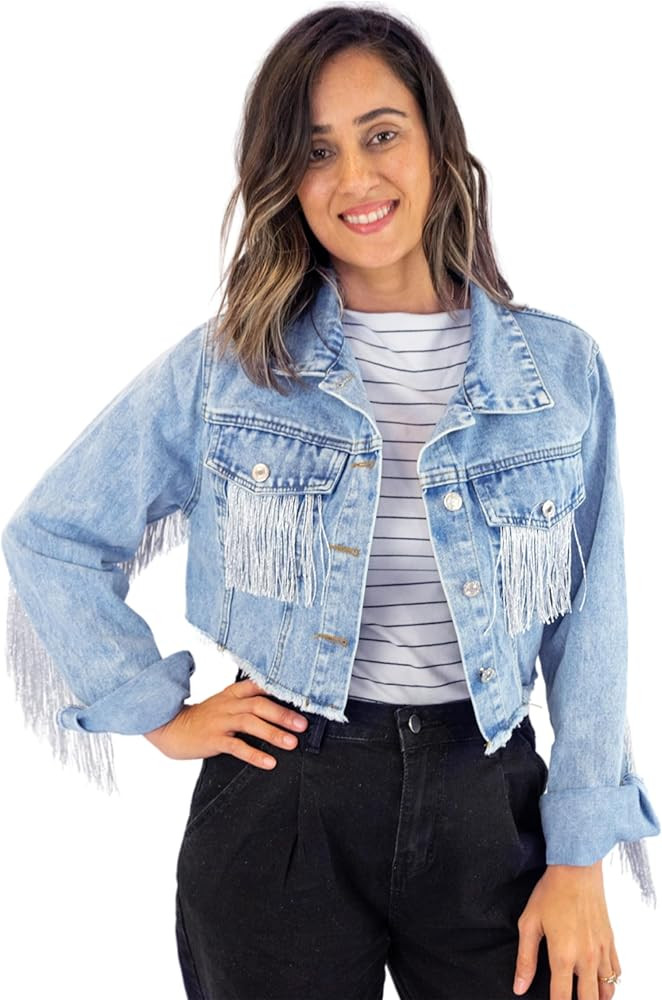 Elegant Fringe Cropped Denim Jacket for Women – Modern Cropped Silhouette & Comfortable Distres... | Amazon (US)