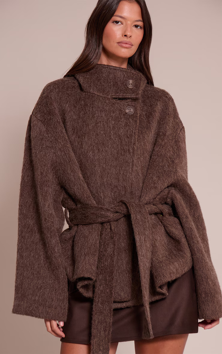 Chocolate Faux Brushed Wool Tie Waist Coat | PrettyLittleThing US