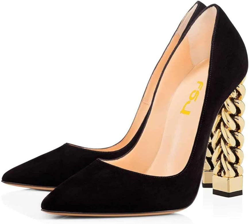 FSJ Women Gold Metal Chain Chunky High Heel Pointed Toe Slip On Fashion Pumps Shoes | Amazon (US)