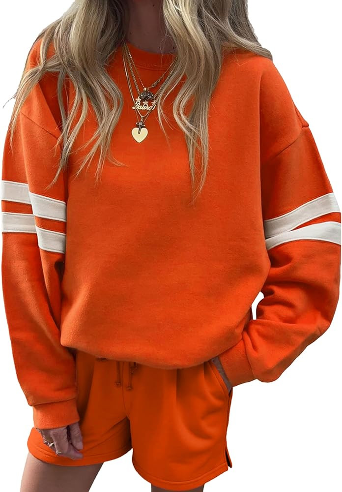 SELINK Women 2 Piece Outfits Sweatsuit Casual Long Sleeve Pullover and Shorts Sets Travel Tracksu... | Amazon (US)