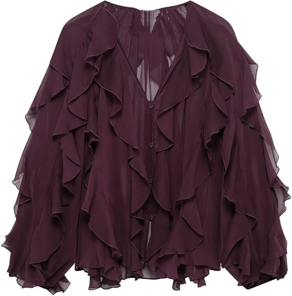 Womens Ruffle Chiffon Blouse Trendy Semi Sheer V Neck Top Long Sleeve Button Down Oversized Shirt... | Amazon (US)