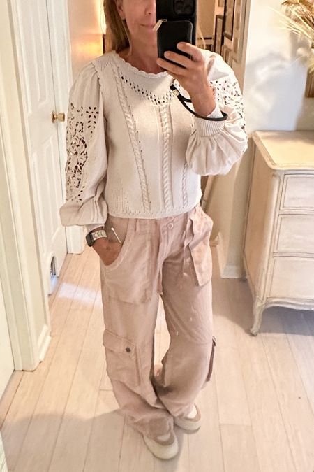 I bought my first fall outfit for this year. Love these soft and baggy cargo pants and sweater with cutout lace detail #fall

#LTKover40 #LTKstyletip #LTKFind