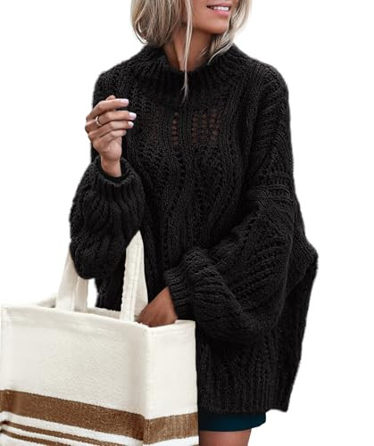 MEROKEETY Fall Sweaters for Women 2025 Oversized Pullover Crochet Lantern Long Sleeve Mock Neck C... | Amazon (US)
