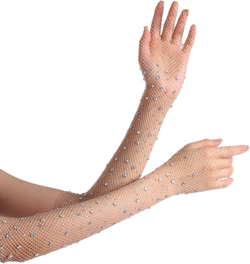Women Rhinestone Fishnet Long Gloves Mesh Sparkly Glitter Fashion Opera Gloves For Party Hallowee... | Amazon (US)