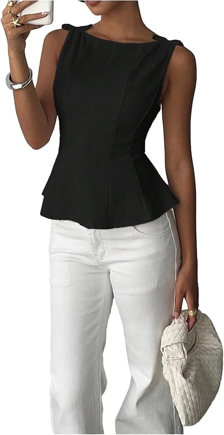 OYOANGLE Women's Sleeveless Bow Peplum Tank Tops Boat Neck Babydoll Blouses Cinched Waist Dressy ... | Amazon (US)